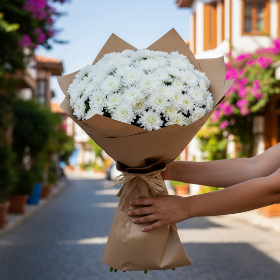 Saf Zarafet – Beyaz Krizantem Buketi