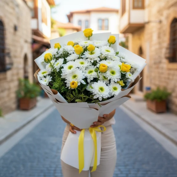 Sarı Detaylı Beyaz Papatya Buketi