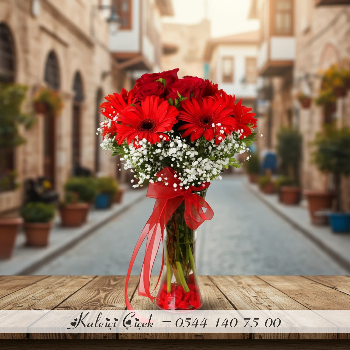 Vazoda Kırmızı Gerbera Ve Güller